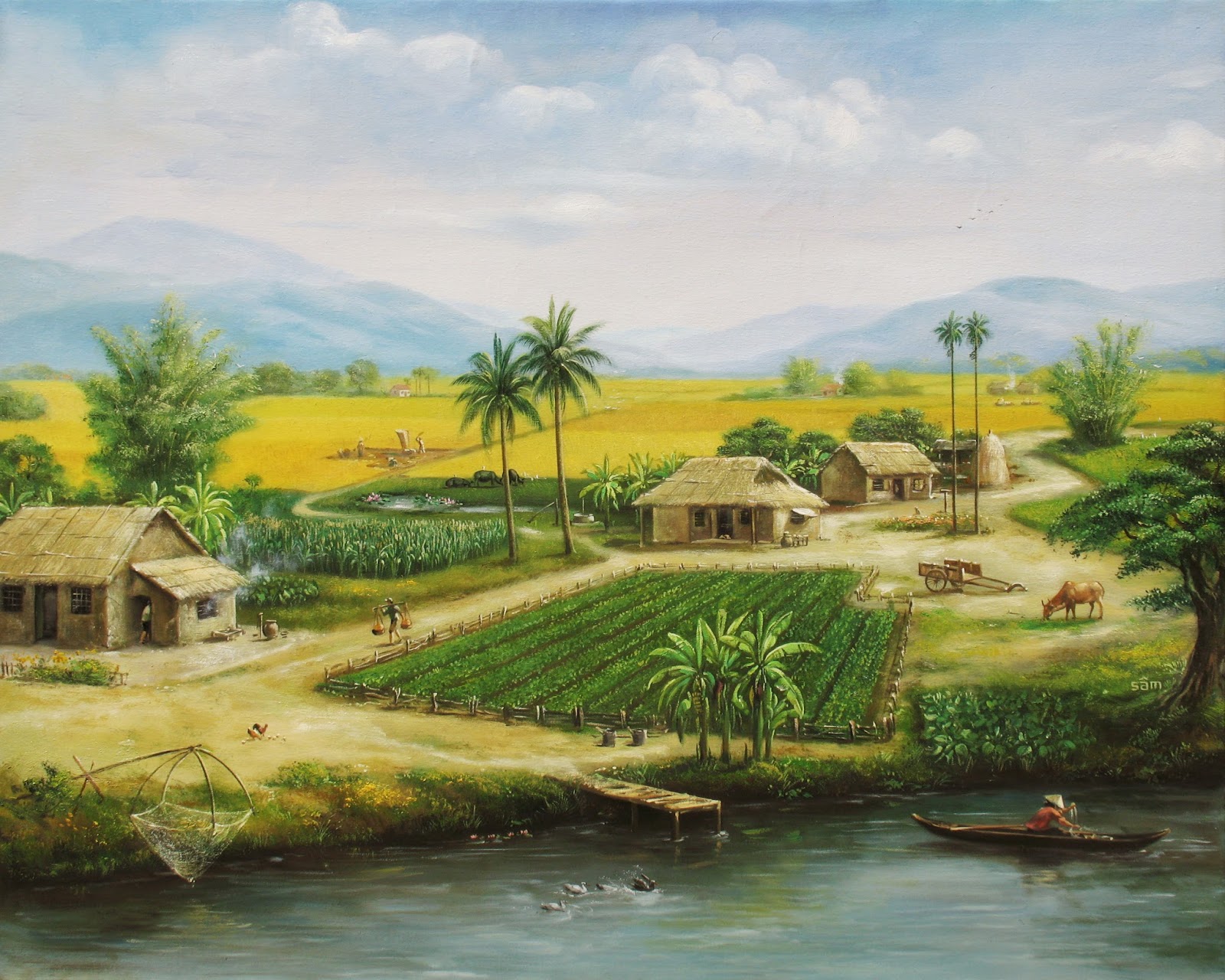 LÊ SÂM . vẽ tranh sơn dầu: tranh đồng quê Việt Nam. sơn dầu Lê Sâm